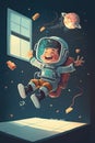 Student kind in a Bedroom is experiencing Space Gravity and experience of Astronaut for imagination and knowledge, Generative AI Royalty Free Stock Photo