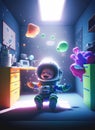 Student kind in a Bedroom is experiencing Space Gravity and experience of Astronaut for imagination and knowledge, Generative AI