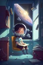 Student kind in a classroom is experiencing Space Gravity and experience of Astronaut for imagination and knowledge, Generative AI