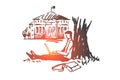 Student, laptop, tree, work, park concept. Hand drawn isolated vector.