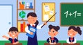 Student learning in classroom. College teacher, student at desks. Lecture or discussing, young school girl and boy on