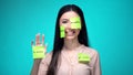 Student learning language, covered with Italian eye cheek hand body sticky notes Royalty Free Stock Photo