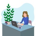Student in the learning process, front view.Working at the computer. A girl is sitting at a table, studying online using her