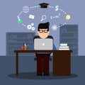 Student in learning process. Student in glasses sitting behind his desk, studying online, using his computer. flat illustration wi Royalty Free Stock Photo