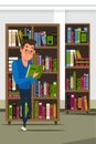 Student in library flat vector illustration