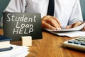 Student loan help and man with papers