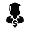 Student loan icon vector female person profile avatar with dollar symbol and mortar board for education in flat color glyph sign Royalty Free Stock Photo