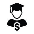 Student loan icon vector male person profile avatar with dollar symbol and mortar board for education in flat color glyph sign Royalty Free Stock Photo