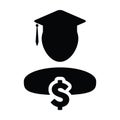 Student loan icon vector male person profile avatar with dollar symbol and mortar board for education in flat color Royalty Free Stock Photo