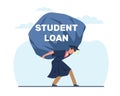 Student loan, man in graduated suit holding heavy student loan rock. Expensive cost for education. Credit for university