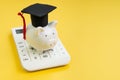 Student loan payment calculation, scholarship or saving for school and education concept, white piggy bank wearing graduation hat