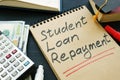 Student loan repayment sign, notepads, calculator and cash. Royalty Free Stock Photo