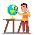 Student Looking Through A Magnifying Glass Globe, Geography Lesson Vector. Isolated Illustration Royalty Free Stock Photo