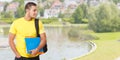 Student looking to the side look young man people outdoor town banner copyspace copy space