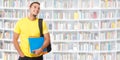 Student looking up look ad advert library books banner copyspace copy space smiling happy young man people Royalty Free Stock Photo