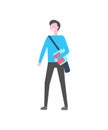 Student Man and Textbook, Bag Over Shoulder Vector