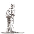 Student in medical face mask stands with backpack and looks to the side Vector drawing. People at coronavirus pandemic sketch