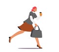 Student, Office Worker, Businesswoman Character Hurry. Running Girl with Disposable Coffee Cup in Hand Late at Work
