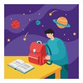 Student packing backpack with open book and planets in night sky educational vector illustration Royalty Free Stock Photo