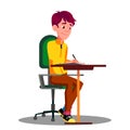 Student With Pen In Hand Writing Exams On Sheet Of Paper Vector. Isolated Illustration