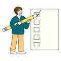 Student with pencil make checkmark, education or back to school concept, doodle style vector
