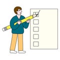 Student with pencil make checkmark, education or back to school concept, doodle style vector Royalty Free Stock Photo
