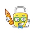 Student with pencil yellow lock character mascot