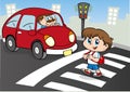 Student person crossing the street in the crosswalk, still waiting car Royalty Free Stock Photo