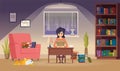 Student preparing for exam. Teacher working, woman reading books in room. Girl with dog studying at night vector