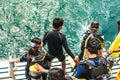 Student preparing jump to the sea for scuba diving test at Samaesarn Island, Sattahip Chonburi, Thailand.