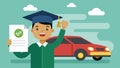 A student proudly holding up their diploma a new car with a large paid in full sign in the background.. Vector