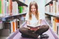 Student reading book in the library, smiling happy woman, education