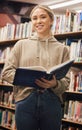 Student, reading and woman with book in library for learning. Face portrait, university education and happy female from Royalty Free Stock Photo