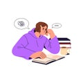 Student reads book, thinking about problem. Pensive person studies with textbook, does homework. Thoughtful girl has Royalty Free Stock Photo