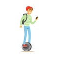 Student In Red Hat With BAckpack And Smartphone Riding Electric Self-Balancing Battery Powered Personal Electric Scooter