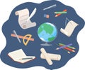 Student\'s stationery. Globe, book, paper, rulers, pencils, pens, compasses, eraser on a blue background.