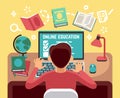 Student or school boy studying on computer. Online lesson and education vector concept