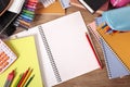 Student school desk with blank open notebook, studying, homework concept, copy space Royalty Free Stock Photo