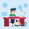 Student, school or preschool kid boy studying sitting at child desk. Flat style cartoon vector illustration.