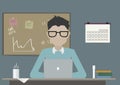 Student, Scientist, Pupil Researching and Studying at Workplace Desk with Laptop. Flat Vector Illustration