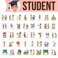 Student Set Vector. Lifestyle Situations. Spending Time, At College, University, Campus, School, Home, Outdoor. Isolated