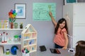 Student showing types of renewable energies in poster at ecology classroom Royalty Free Stock Photo