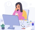 Student sick, frustrated woman has influenza but working at computer. Female feeling bad, illness or virus cartoon Royalty Free Stock Photo