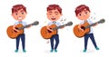 Student singing vector character set. Boy characters holding and playing guitar isolated in white background for musical school.