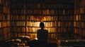 a student sits alone in a dimly lit corner of a library, looking overwhelmed by the books. The towering bookshelves in