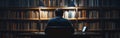 A student sits at a desk in a dimly lit library, focused on reading materials and a device, illuminated by soft overhead Royalty Free Stock Photo