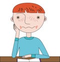 The student sits at a desk and listens to a lesson