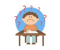 The student sits at the table and solves a difficult problem. Cartoon. Royalty Free Stock Photo