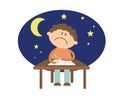 The student sits at the table and solves the problem. Night. Cartoon. Vector