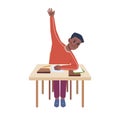 Boy kid raising hand at lesson, child by desk